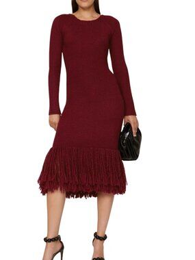 Marina Moscone Red Knit Fringe Hem Long Sleeve Dress L